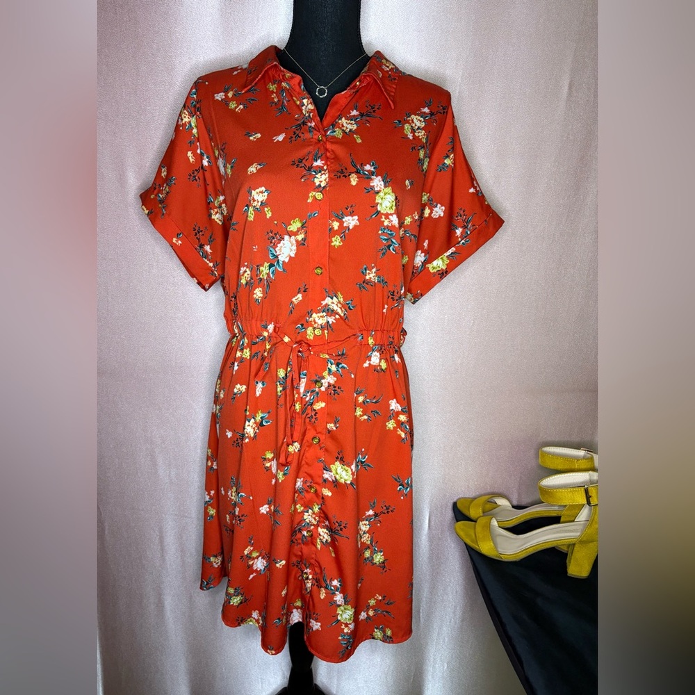 Red Collared Y2K Floral Dress | Women’s Cottagecore XL Gold Button Up Boho Style
